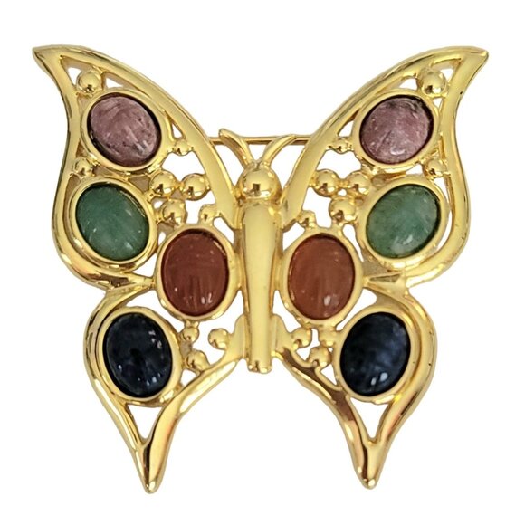 Gold Tone Multicolored Carved Scarab Cab Gem Stone Butterfly Brooch K15